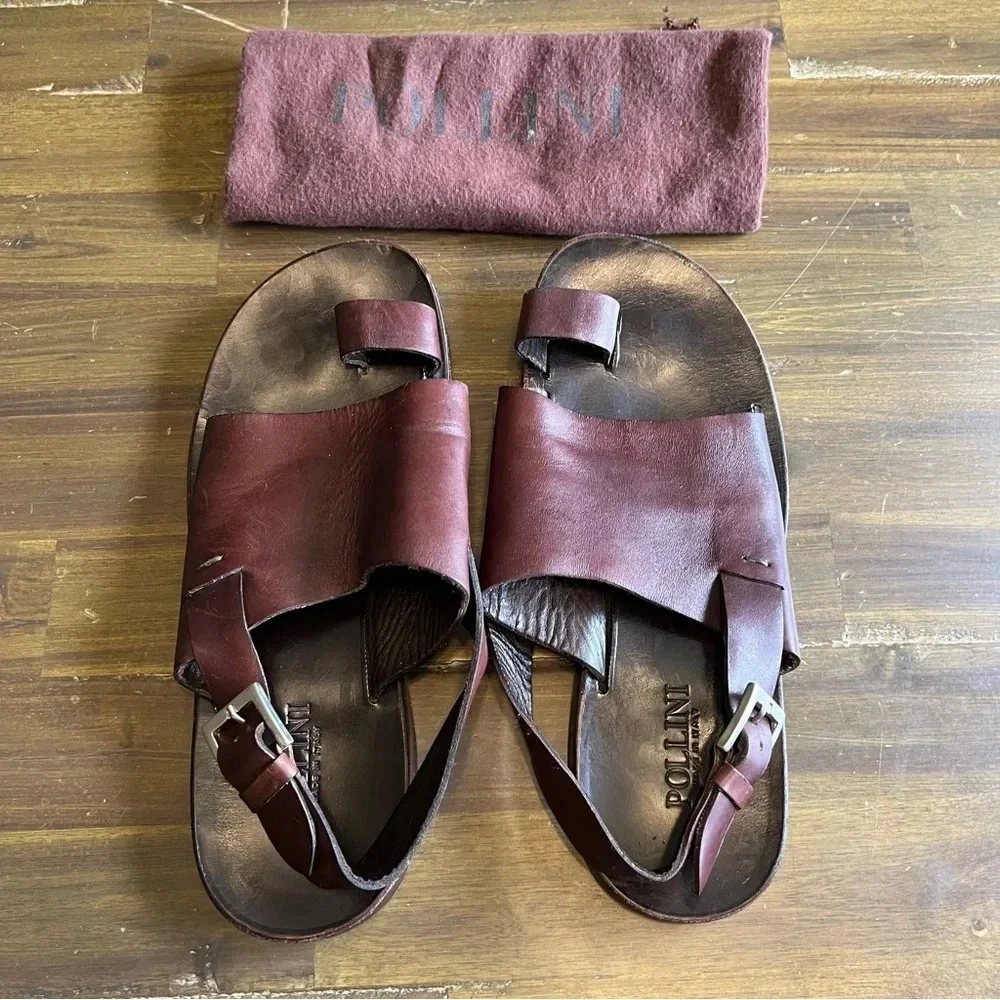 Pollini Men’s Leather Sandals Toe Ring Jesus Jerusalem Dark Brown Dust Bag
